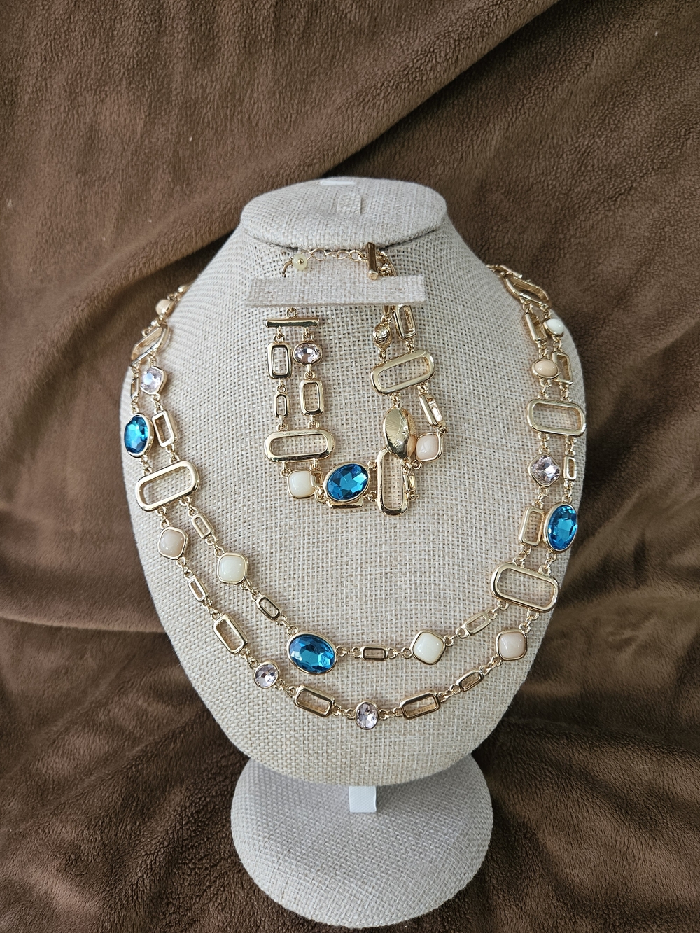 Gold-Tone Blue Crystal & Cream Stone Layered Necklace Set